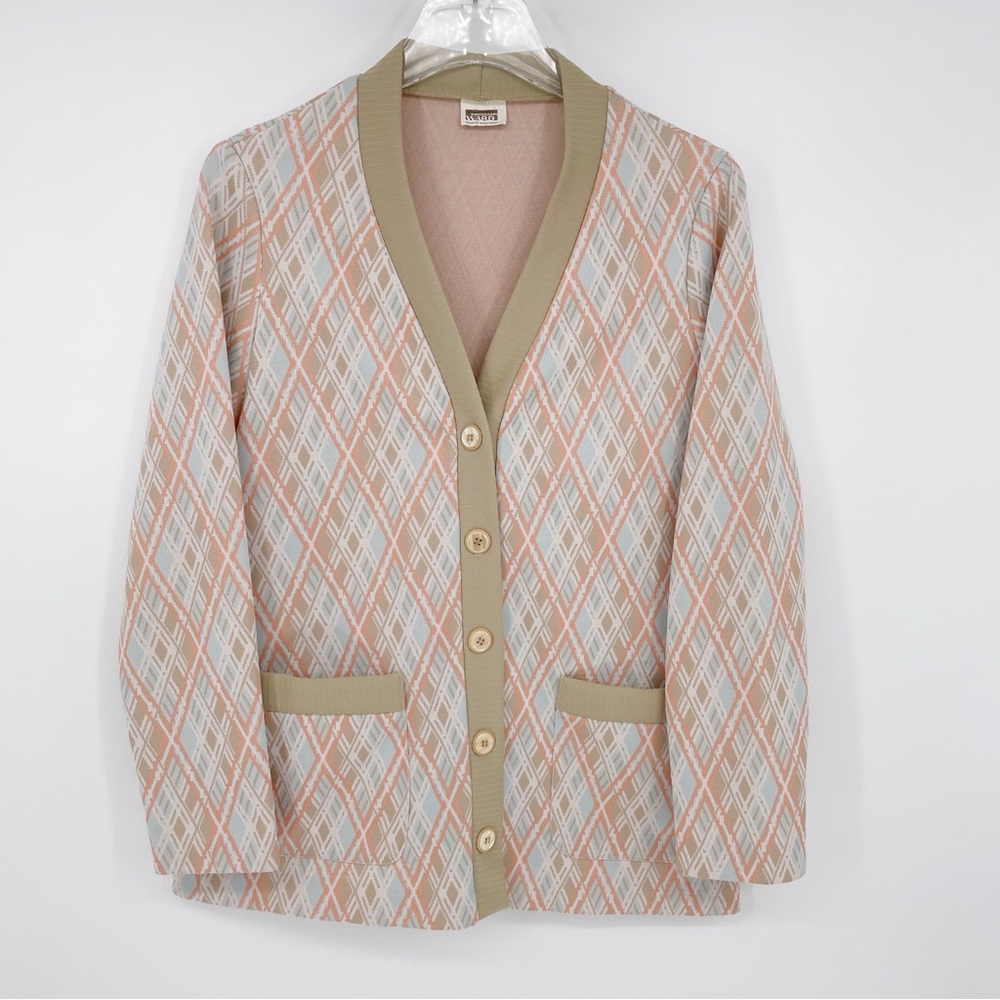 Vintage Montgomery Ward Diamond Knit Cardigan Sweater Tan Peach Retro 70s M L